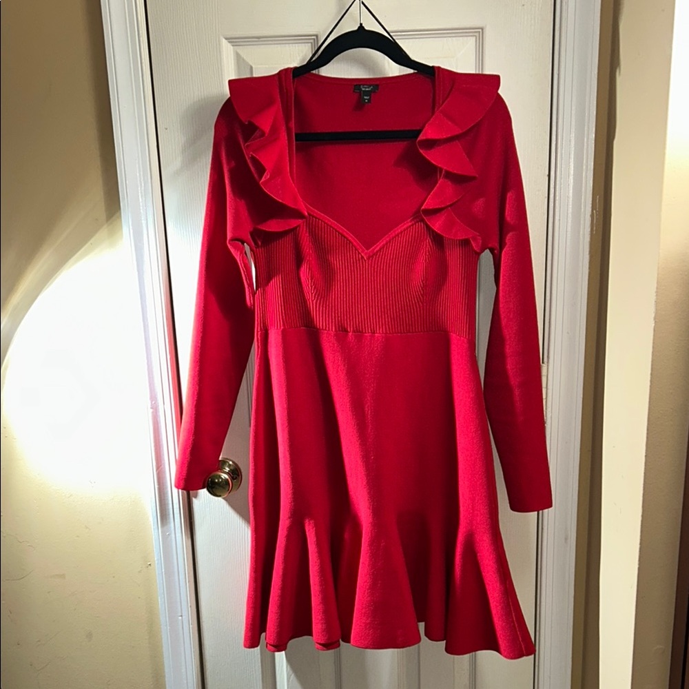 Express Sweetheart Neck Ruffle Fit and Flare Sweater Dress